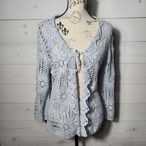 Vintage Crochet Cardigan Ruffle Cotton Beachy BOHO Coastal Cowgirl Cottagecore.